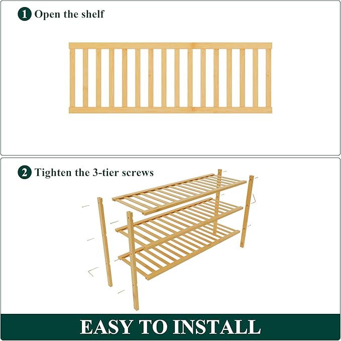 Smiry Bamboo Shoe Rack for Closet, 3 Tier Long Wooden Stackable Shoe Organizer, Free Standing Shoes Storage Shelf for Entryway, Front Door Entrance, Natural