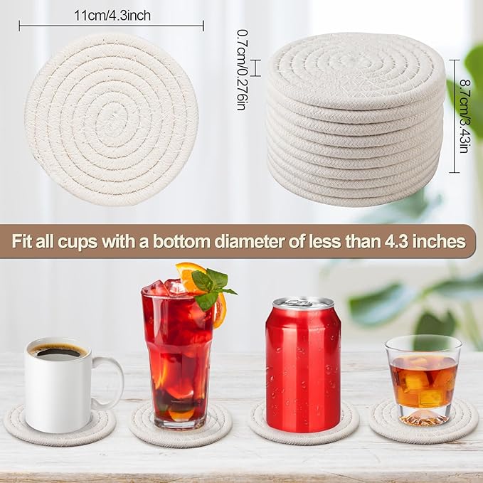 Vivinin 10 Psc Cotton Absorbent Boho Coasters for Drinks, Woven Cup Set, Beige, 4.3inch - Room Decor, Bar, Housewarming Gift