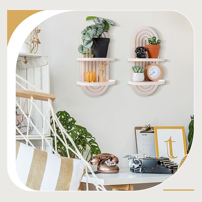 Wenqik 2 Pcs Boho Wall Shelf Rainbow Arch Wooden Floating Shelf Mid Century Bohemian Hanging Holder Double Vintage Wall Mount Altar Decor for Nursery Bedroom 15.75 x 6.69 Inches(White)