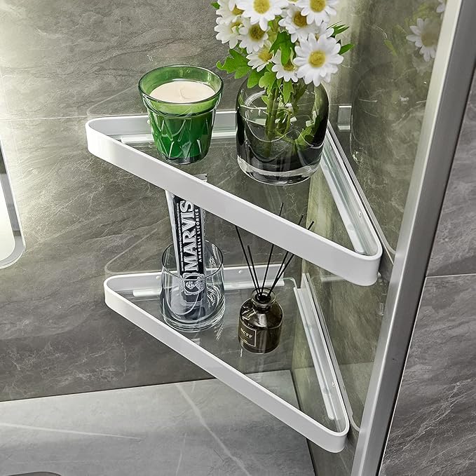 VOLPONE Bathroom Shelves Wall Mounted Glass Corner Shower Shelf for Bathroom Floating Shelf Tempered Glass Wall Organizer 2-Tier(White)
