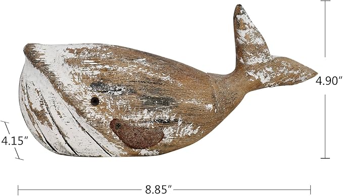 Linfevisi Wooden Whale Decor Tabletop Nautical Decor Solid Wood Whales Statue Sculpture Standing Coastal Decor Beach Figurines for Home Sea Decor for Bathroom Ocean Theme House Decor 4.9 Inches Tall