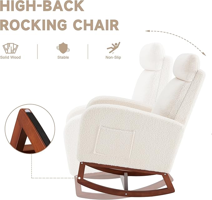 Rocking Chair Nursery Chair with Foot Rest, Nursery Rocking Chairs with High Back, Glider Rocking Chair with Pocket, Baby Nursery Glider Rocker, Nursing Chair Accent Living Room (Teddy, Ivory)