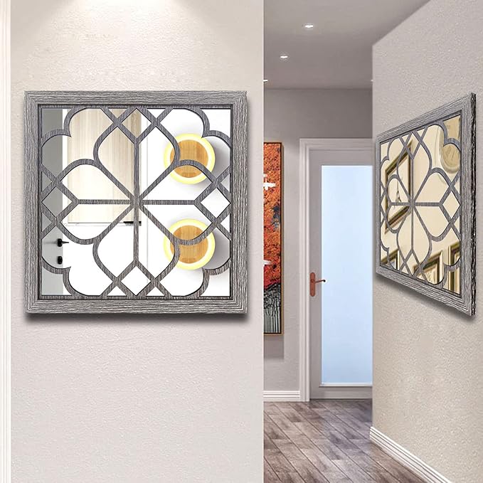 Wocred 2 PCS Square Wall Mirror,Gorgeous Rustic Farmhouse Accent Mirror,Barn Wood Color Entry Mirror for Bathroom Renovation,Bedrooms,Living Rooms and More(16”x16”)