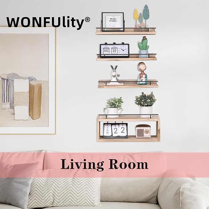 WONFUlity Bathroom Wall Shelves With Storage Basket, Over Toilet Paper Holder, Farmhouse Wood for Living Room, Bedroom, Kitchen, Wall Decor (2 Black)