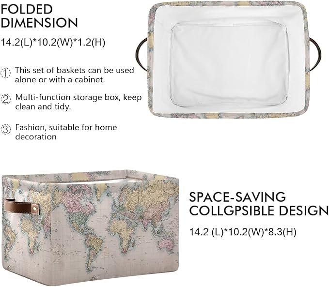 Vintage World Map Storage Basket Collapsible Laundry Organizer with Leather Handles Retro Map Print Rectangular Storage Box Bin 1 PC for Bathroom Clothes Kids Toys Nursery