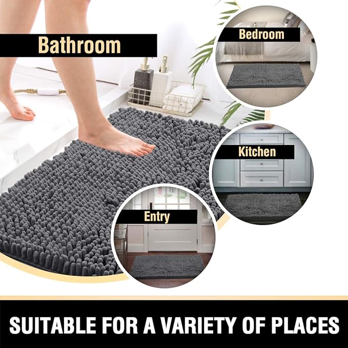H.VERSAILTEX Luxury Chenille Bathroom Rugs - Non-Slip Bath Mats, Extra Soft Absorbent Shaggy, Washable Fast Dry 2 Piece Set (Grey, 20" x 32"/17" x 24")