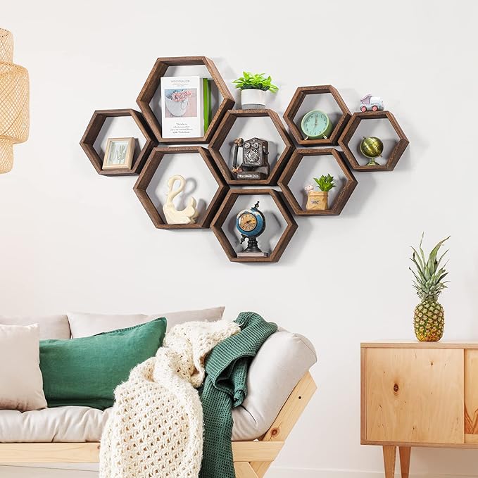 Hexagon Floating Shelves Set of 8 Wood Hexagonal Shelves Brown Wall Decor and Storage Racks for Living Room Floating Honeycomb Plants Shelf Farmhouse Wall Hexagon Hanging Shelf for Bedroom Home