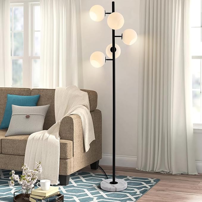 KCO Lighting Five Globe Mid Century Modern Floor Lamp 5Light Milk Glass Floor Lamp Contemporary Black Standing Lamp Industrial Tree Floor Lamp Marble Base Floor Lamp for Living Room, T1013-B