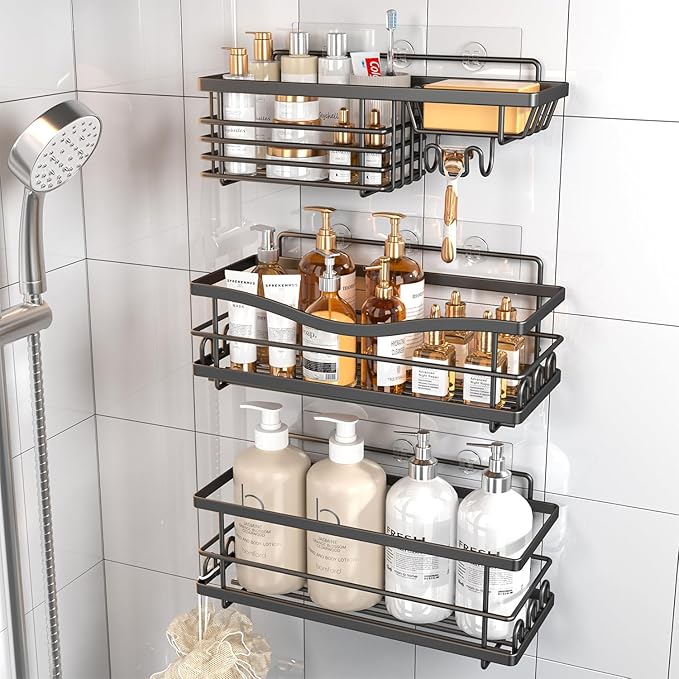 Shower Caddy, 3 Pack Large Capacity Bathroom Organizers and Storage, No Drilling Adhesive Rustproof Shelves with Soap Holder, Home Decor, Black