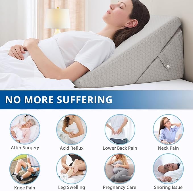 Sasttie Wedge Pillow for Sleep Apnea, 12 Inch Bed Wedge Pillow for Back Pain Relief, Adjustable Memory Foam Pillow Wedges for Sleeping Acid Reflux, Shoulder Pain Relief and Snoring, Light Grey