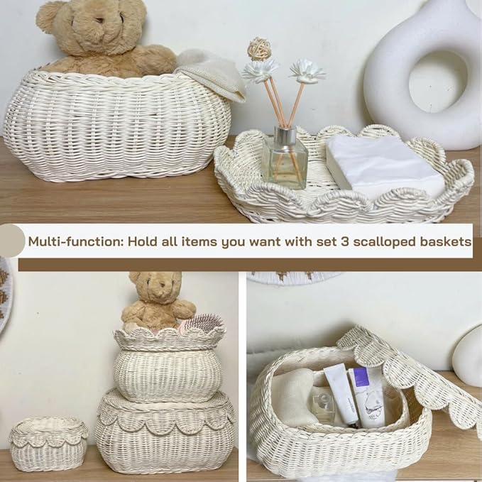 Scalloped Basket with Lid Set of 3,Storage Boxes for Shelves,Decorative Storage Boxes With Lids,Rattan Storage, Shelf Baskets Set for Organizer