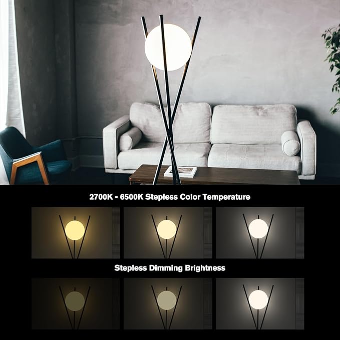 Solstice Modern Frosted Glass Globe Floor Lamp (165cm) Contemporary LED Dimmable Lighting for Bedroom, Living Room, Hotel & Home Office (Black)