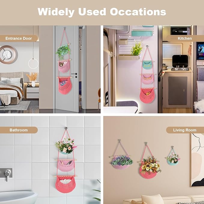 Hanging Baskets for Organizing, 3 Tier Detachable Wall Hanging Fruit Basket Over the Door Organizer for Vegetable Plant, Blue Pink Boho Cotton Crocheted Fruit Holder for Kitchen Bathroom Bedroom