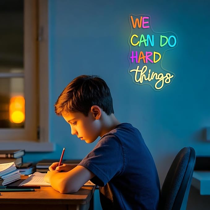We Can Do Hard Things Neon Sign Classroom Led Neon Light Kids Wall Art Decor for Bedroom Library Office Postive Inspirational Children Students Birthday Gifts