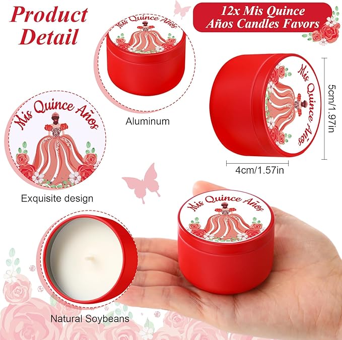 12 Sets Quinceanera Party Favor for Guests Include 12 Mis Quince Años Candles Set Soy Tealight Candles Thank You Card Organza Bag 15th Sweet Birthday Parties Quinceanera Party Souvenir (Red)