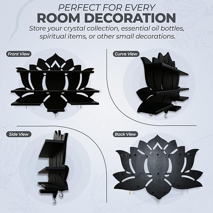 Chakral Wooden Lotus Flower Shelf for Crystals - Floating Crystal Display Shelf & Holder, Wall Decor for Bedroom Aesthetic, Pinewood (Black)