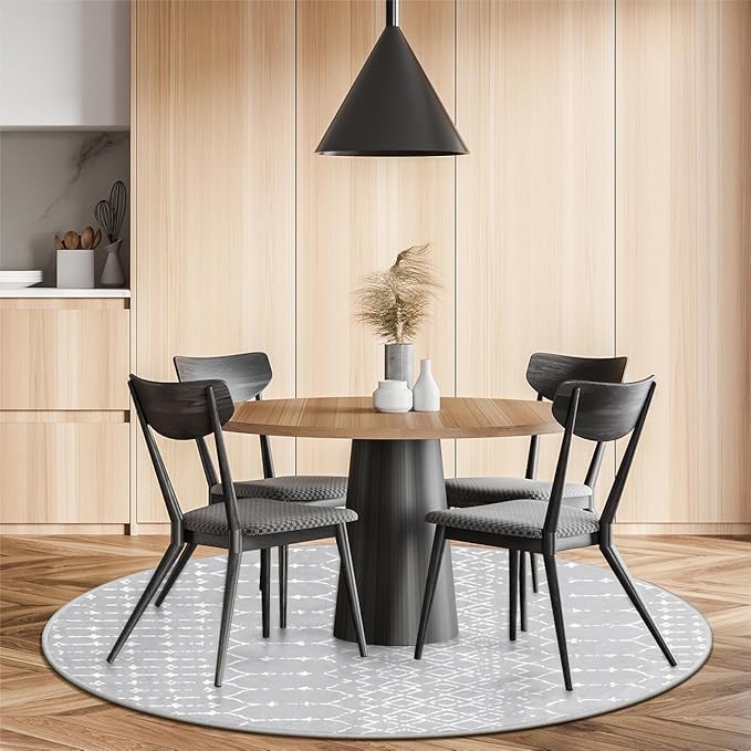 Lahome Moroccan Round Rugs - 6Ft Washable Circle Area Rug for Living Room Grey Non-Slip Stain Resistant Dining Room Rug Large Circle Rug, Modern Geometric Print Indoor Round for Bedroom Entryway