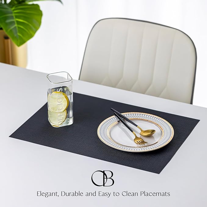 Placemats Set of 8 - Easy Clean Woven Vinyl Placemats for Dining Table, Indoor/Outdoor Place Mats, Washable PVC Table Mats(Black)
