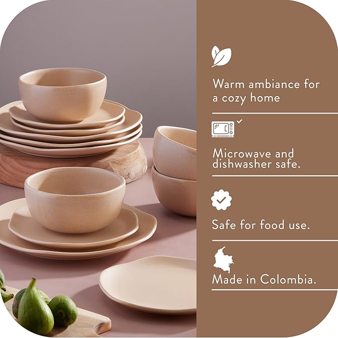 Corona Dinnerware Set 12–piece, Plates and Bowls Set, Ceramic Sets for 4, Microwave and Dishwasher Safe, Areia Modern Organic Shape.