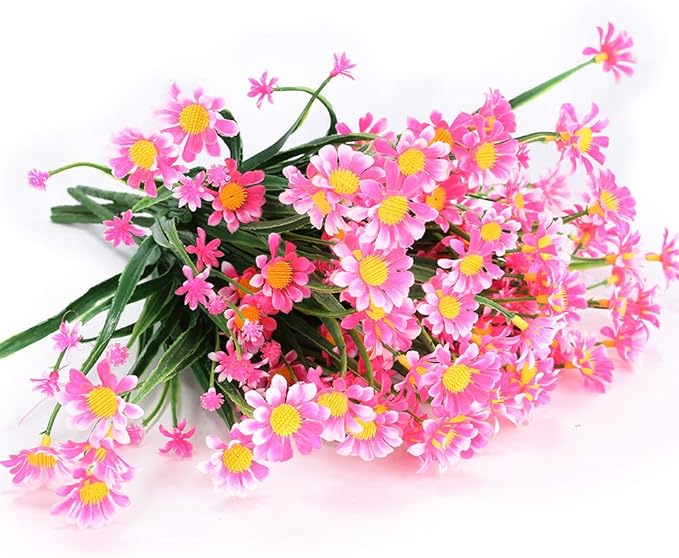 8 Bundles Artificial Daisies Flowers Outdoor UV Resistant Fake Foliage Greenery Faux Plants Shrubs Plastic Bushes for Window Box Hanging Planter Farmhouse Indoor Outside Decor(Pink)