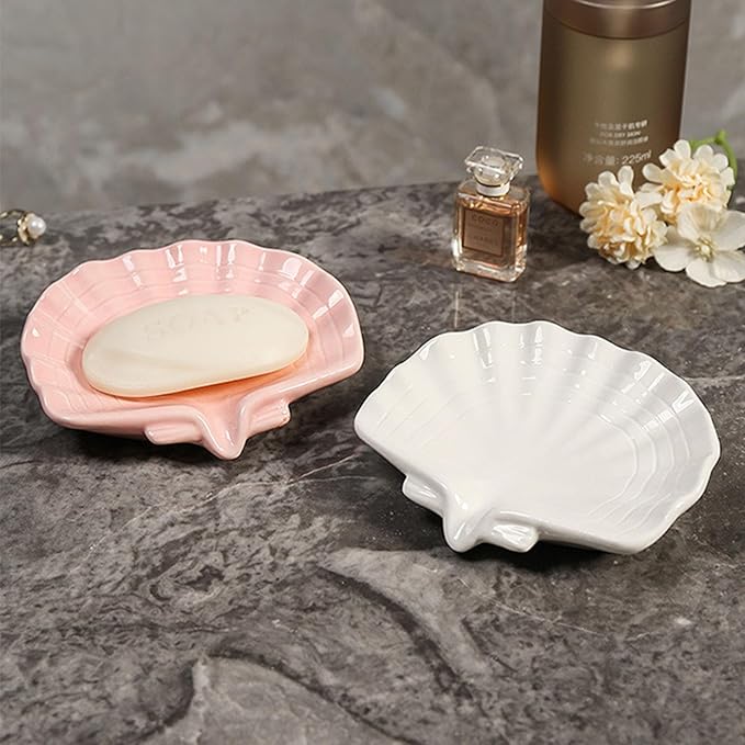 Ceramic Soap Holder, Sea-Shell Soap Tray with Self Draining, Soap Tray for Sink Washroom Bathroom Shower, Small Cute and Elegant Holder with Glaze, Easy Cleaning (Pink)