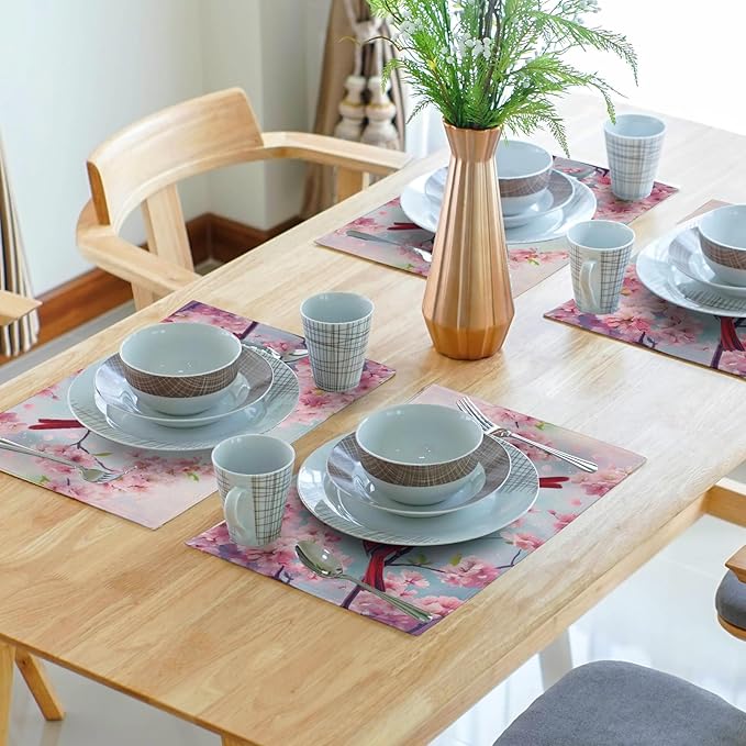 Giwawa Spring Birds Placemats Set of 4-12x18 Inch Red Bird Cherry Blossom Floral Place Mat- Stain Heat Resistant Linen Table Mats for Kitchen Dining Tabletop Seasonal Party Indoor Outdoor Decor
