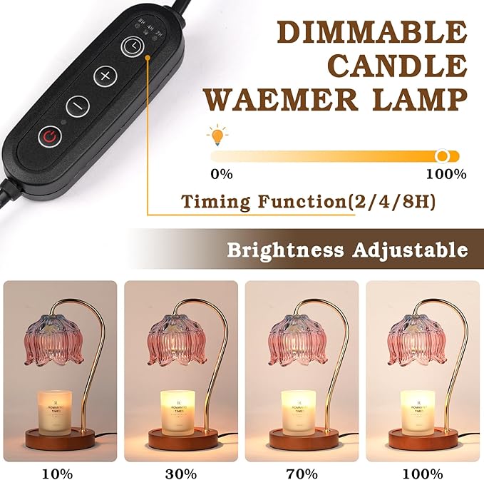 Dimmable Candle Warmer Lamp with Timer, Electric Candle Warmer Lamp, Birthday Gifts for Women, Mom, Female Friend, Flower Candle Lamp Warmer Gifts, Pink Aromatic Candle Lamp for Vintage Home Decor