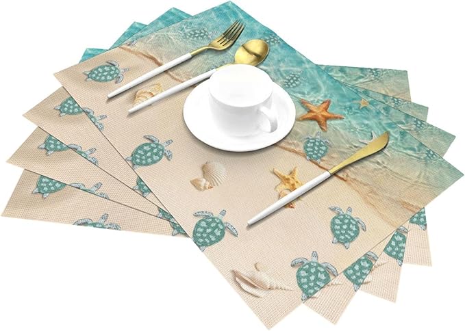 Sea Turtles Beach Placemats Set of 4 Linen Washable Non-Slip Heat-Resistant Teal Nautical Decorative Kitchen Table Mats for Dining Outdoor Home Decor 12x18 Inch