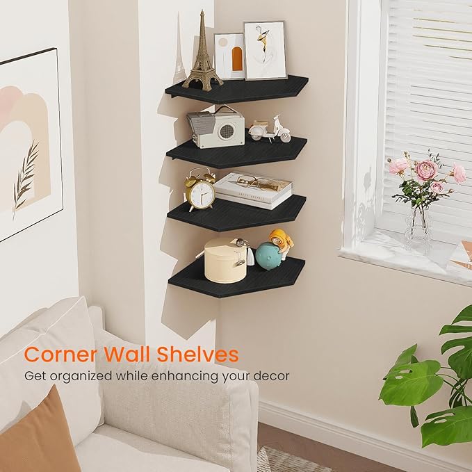 Homode Corner Floating Shelves, Corner Shelves Wall Mounted with Cord Hole, 4 Tier Diamond Shape Corner Hanging Shelving for Wall Storage, for Cable Box, TV Cords, Books, Plants, Black
