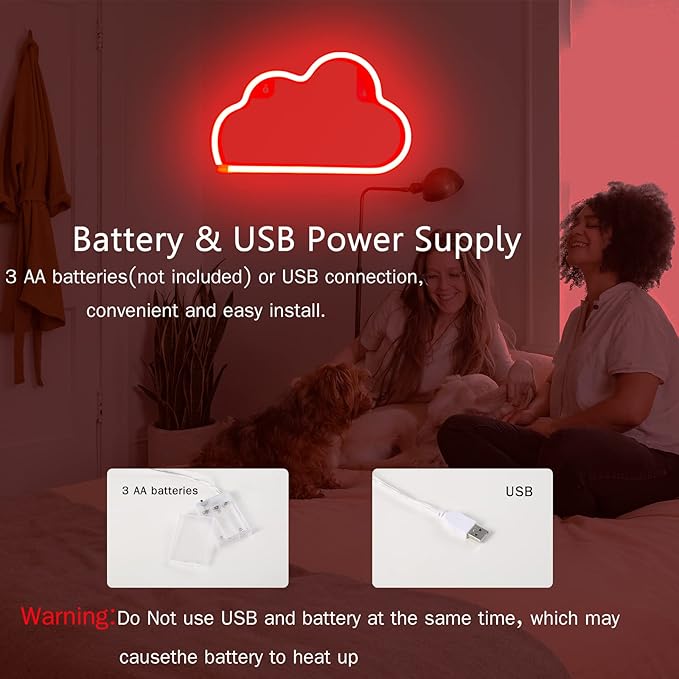 LED Cloud Neon Light for Wall Decor, Battery or USB Powered Sign Shaped Decoration Wall Lights for Bedroom Aesthetic Teen Girl Kid Room Birthday Wedding Party Halloween (Red)