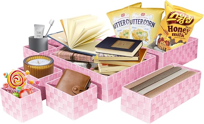 Drawer Organizer, Cube Baskets for Storage Shelves, Handmade Small Woven Basket, Shallow Storage Bins for Organizing Desk, Dresser, Kitchen, Pantry, Nested 7 Pack, Pink