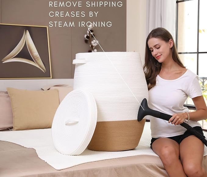 26" x 20" Tall Extra Large Storage Basket with Lid, Cotton Rope Storage Baskets, Woven Laundry Hamper with Cover, Cloth Storage Bin, for Clothes Towels Blanket in Living Room, White/Camel Bottom