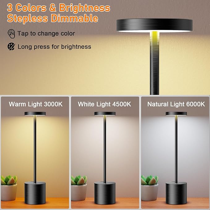 SAKRINGT Cordless Table Lamps Rechargeable,6000mAh Portable Battery Operated LED Table Light for Restaurant Outdoor 2 Pack Black