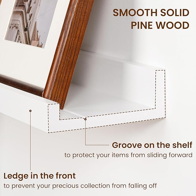 Picture Ledge Shelf, Solid Pine Wood Rustic Floating Shelves for Wall, 48 Inch Long Floating Shelves with Lip for Bedroom Kitchen Living Room Nursery Display-Set of 2 (White)
