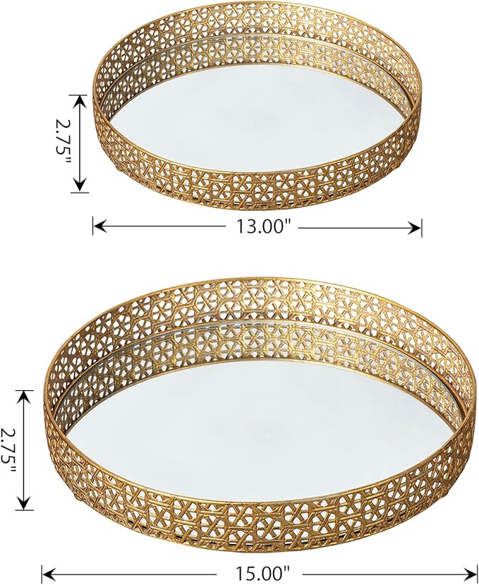 Glitzhome Set of 2 Oversized Round Gold Mirror Decorative Trays, Metal Vanity Jewelry Tray Perfume Dresser Tray, Elegant Hollow-Carved Jewelry Organizer Makeup Trays