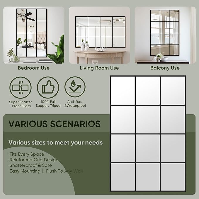 Suidia Wall Mirror, 30" x 60" Window Decorative Mirrors, Metal Framed Wall Decor Wall-Mounted Mirrors for Bedroom, Living Room, Entryway, Black
