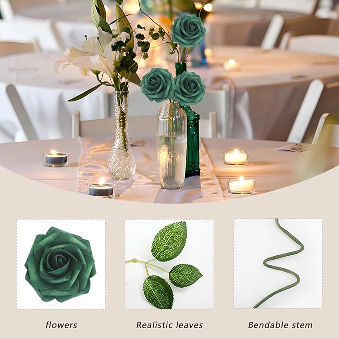 Artificial Flowers Roses Real Looking Foam Fake Roses with Leaves and for DIY Wedding Bouquets Bridal Shower Centerpieces Party Decorations (Peacock Green, 100)