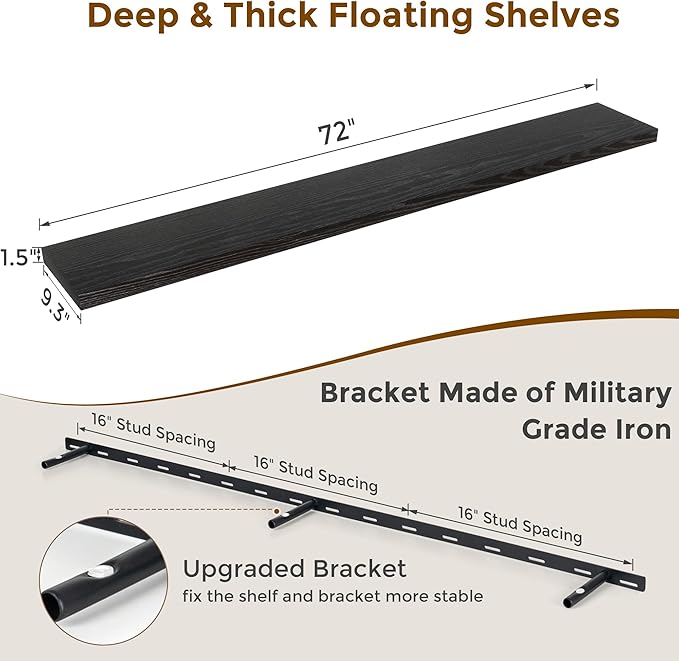 Black Floating Shelves 72 Inch Long, 9.3" Deep Shelves Wall Mounted, 72"x9.3" Fireplace Mantel, Deep Storage Shelves for Home & Office, Rustic Large TV Stand - 9.3" D x 72" W x 1.5" H, 1 Pack