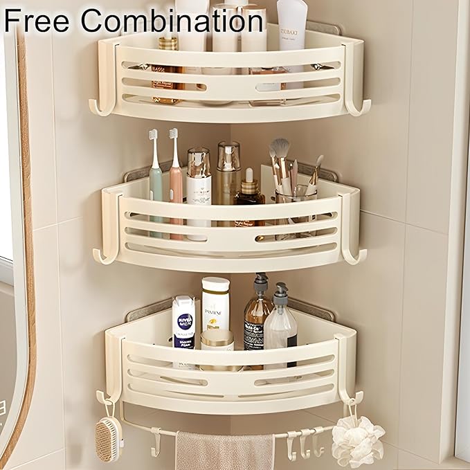 Corner Triangle Shower Shelves with Connecting Rods and 6 Hooks, Drilled or Non-Drilled Rust Resistant Storage Shelf for Bathroom, Kitchen, Wall Mounted Storage Shelf (1 Pack, White)