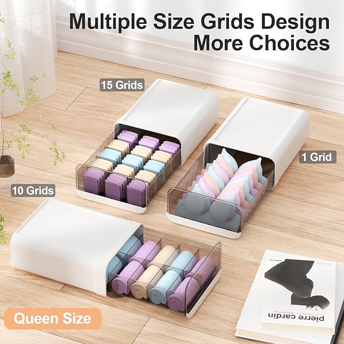 Underwear Organizer Drawer, 10 Cells Plastic Sock Underwear Storage Drawer, Stackable Closet Organizers and Storage Box for Bras, Socks, Scarves, Ties, Belt (Queen Size-White, 1 Pcs)