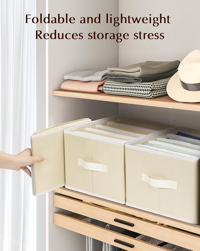 Clothes Organizers and Storage - Fabric Jeans Organizer with Handles, Foldable Drawer Dividers for Clothes, Closet Shelf Organizer for Shirts, Bra, Sweater, Scarf, 4 Pack, Pale Yellow