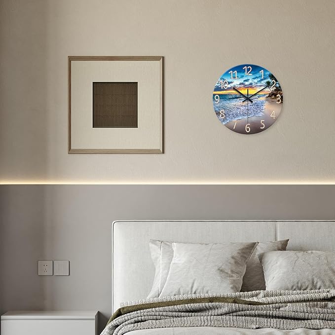 Glass Beach Wall Clock for Living Room Large Clocks for Walls Non Ticking Wall Clock Battery Operated 20 Inch
