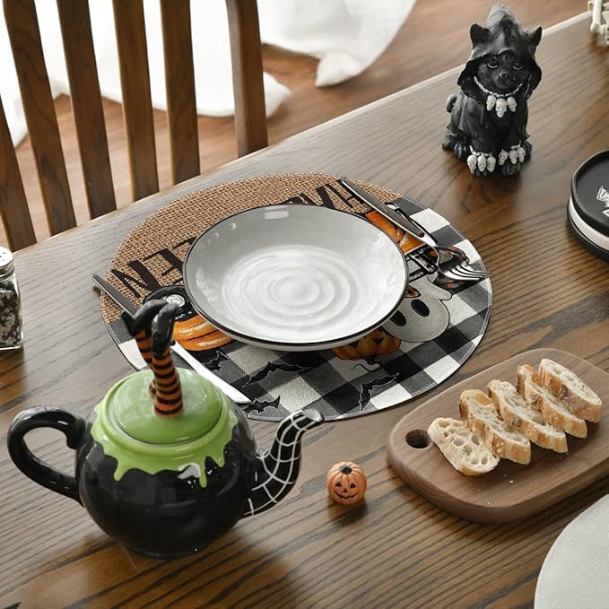 Artoid Mode Ghost Truck Halloween Round Placemats Set of 6, 14 Inch Holiday Bat Round Table Mats for Party Kitchen Dining Decoration