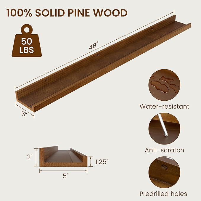 Picture Ledge Shelf, Solid Pine Wood Rustic Floating Shelves for Wall, 48 Inch Long Floating Shelves with Lip for Bedroom Kitchen Living Room Nursery Display, Set of 2 (Walnut)