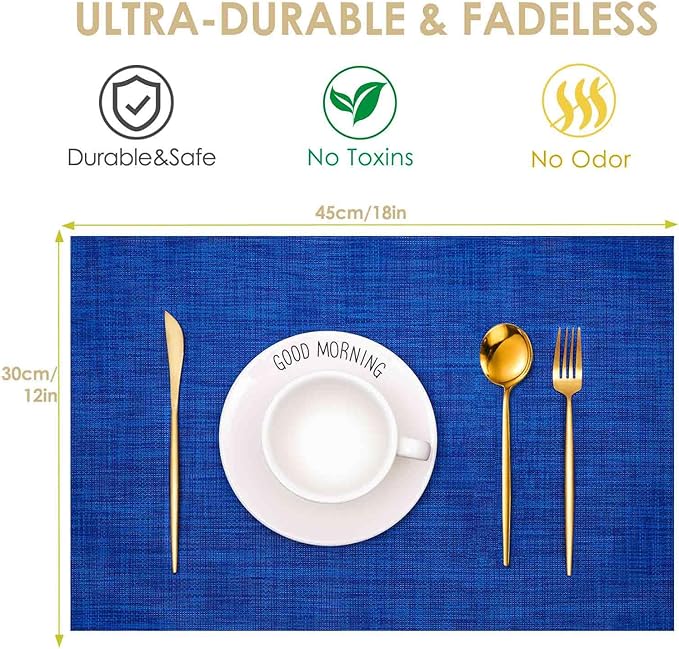 GIVERARE Placemats Set of 4, Heat-Resistant Woven Vinyl Placemat 12x18in, Non-Slip Washable PVC Table Mat, Easy to Clean Premium Plastic Mats for Dining, Kitchen Table (Navy Blue)