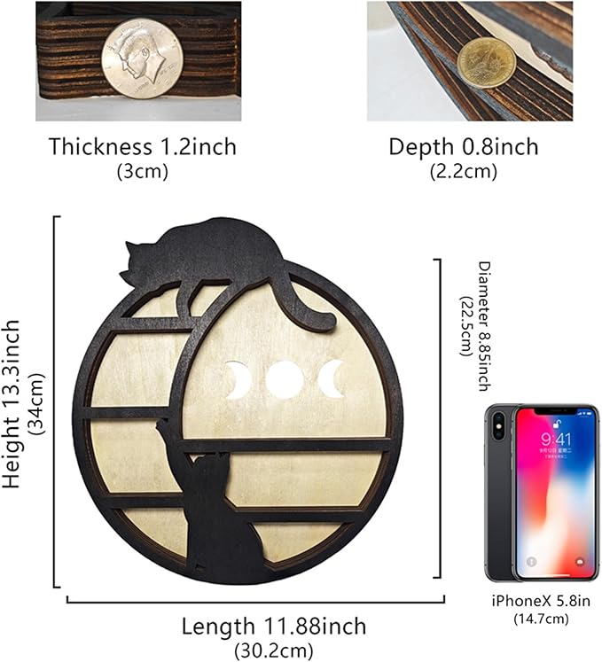 Cats on The Moon Crystal Display Shelf, Wooden Hanging Floating Shelf, Crescent Moon Phase Shelf Stones Essential Oil Organizer Rock Storage Gem Holder Wood Gothic Witchy Boho Home Wall Decor