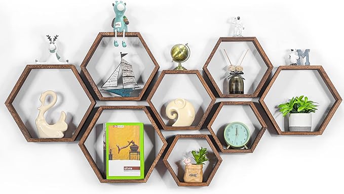Hexagon Floating Shelves Set of 8 Wood Hexagonal Shelves Brown Wall Decor and Storage Racks for Living Room Floating Honeycomb Plants Shelf Farmhouse Wall Hexagon Hanging Shelf for Bedroom Home