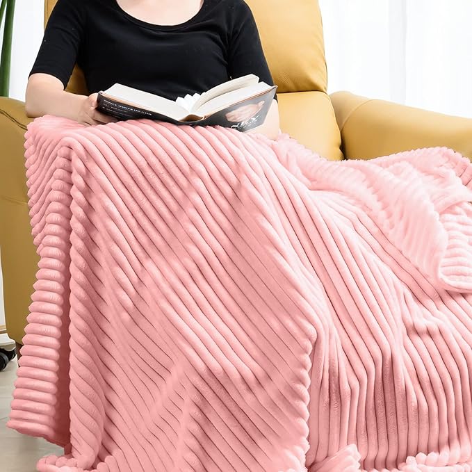 Vessia Flannel Fleece Pink Throw Blanket(50X70 Inch), 300GSM Warm and Soft Comfy Striped Bed Throw, Cozy Microfiber Ribbed Sofa Blanket for All Season