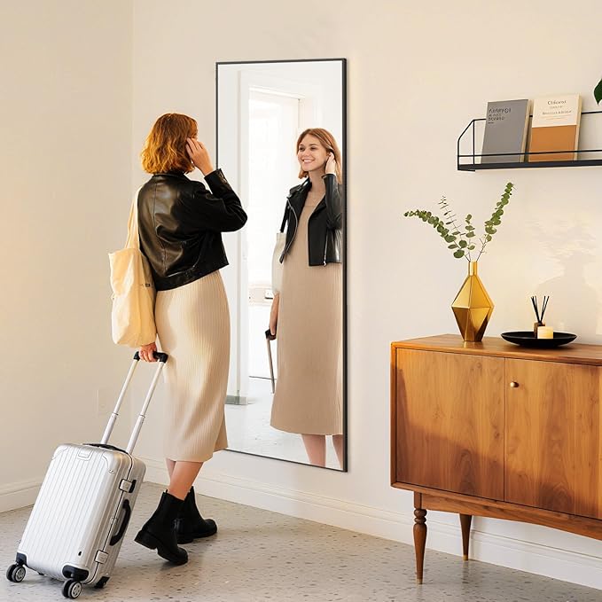 DUMOS Wall-Mounted Full Length Mirror 21"x 64" for Bedroom, Full Body Floor Mirror with Stand, Hanging or Leaning for Wall, Black