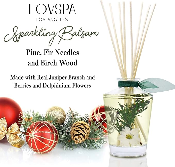 LOVSPA Sparkling Balsam Pine Reed Diffuser Oil Set – Christmas Tree Fir Needles and Birch Wood Scent with Real Botanicals - Elegant Glass Bottle - Christmas Holiday Decor - Made in The USA